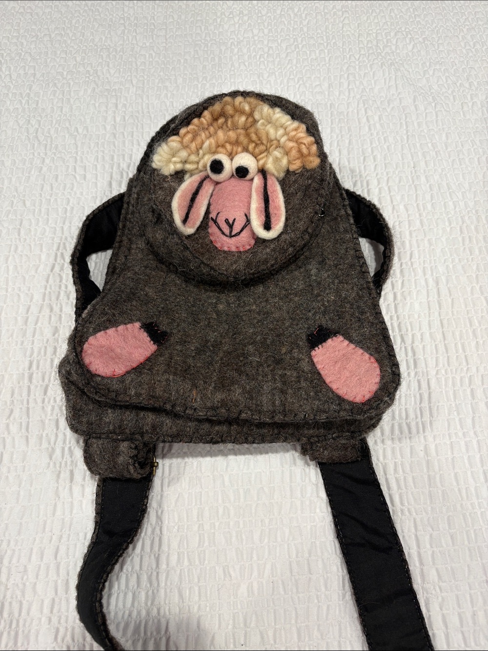 Whimsical Kids Handmade Wool Sheep Backpack - Gray with Pink Accents
9 1/2” x 12